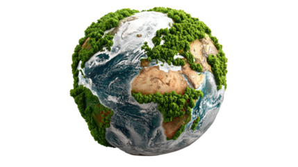 Eco-Friendly Planet Earth: a green and thriving Earth. Lush greenery signifies a healthy planet. A clear message for the importance of environmental conservation.