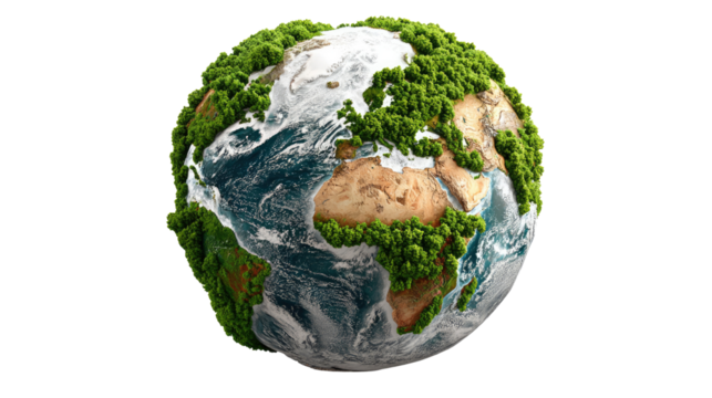 Eco-Friendly Planet Earth: a green and thriving Earth. Lush greenery signifies a healthy planet. A clear message for the importance of environmental conservation.