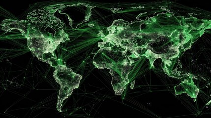 A digital map of the world illuminated with green lines, representing global connections and data flow across various regions.
