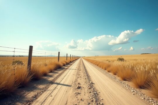 A sunlit rural dirt road stretches towards a horizon of golden grasslands under a vast blue sky, bordered by a wire fence and tall, dry grasses - Powered by Adobe