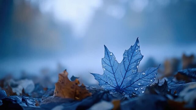 A single blue leaf resting on top of a pile of fallen leaves