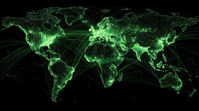 A digital map of the world illuminated in green, showcasing global connections through bright lines and dots representing data flow and communication networks.