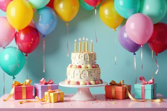 A delightful two-tiered birthday cake adorned with colorful sprinkles and lit candles, surrounded by vibrant balloons and festively wrapped presents on a pink table.