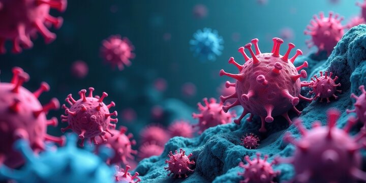 Microscopic View of a Viral Particle Cluster on a Textured Surface, Showing a Detailed Representation of Their Structure and Spatial Distribution