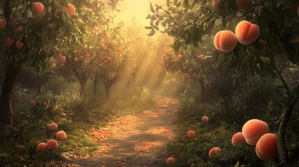 Peach of immortality from Chinese mythology, perfect fruit, skin glows with a soft, ethereal, life-giving light, mystical orchard backdrop (implie)
