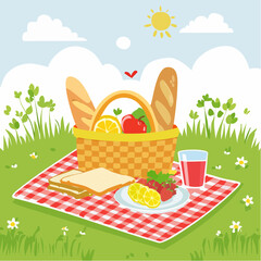 Fototapeta premium Idyllic Summer Picnic Scene with Basket, Food, and Drinks on a Grassy Meadow Under a Sunny Sky, Perfect for Outdoor Leisure and Family Enjoyment