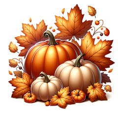 Illustration of pumpkins with autumn leaves on a white background