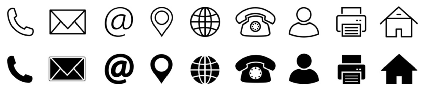 Business card- line icons and silhouette style. Minimal Icon set of communication symbols includes phone call, email, location, website, telephone and home symbols for marketing, web and corporate use