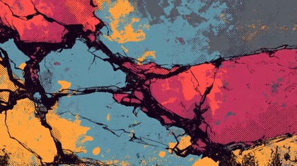 A vibrant abstract artwork featuring cracked textures and bold colors, including pink, blue, and yellow, creating a dynamic visual contrast.