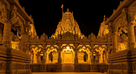Magnificent illuminated Hindu temple at night with intricate carvings and grand architecture.