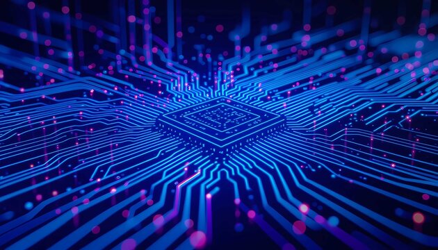 Abstract blue CPU microchip on glowing electronic motherboard represents artificial intelligence - Powered by Adobe