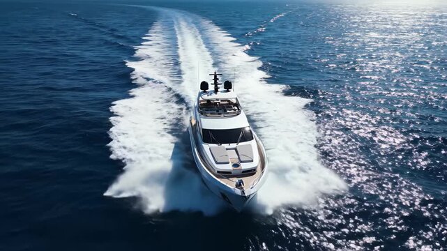 Luxury yacht speeding across sparkling blue ocean waters on a sunny day