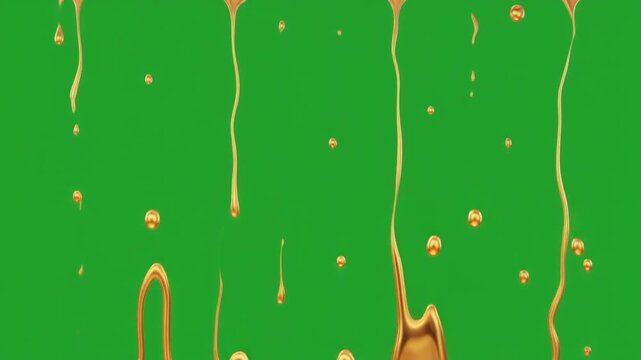 Golden viscous liquid dripping and splashing against a vibrant green screen background, perfect for visual effects.