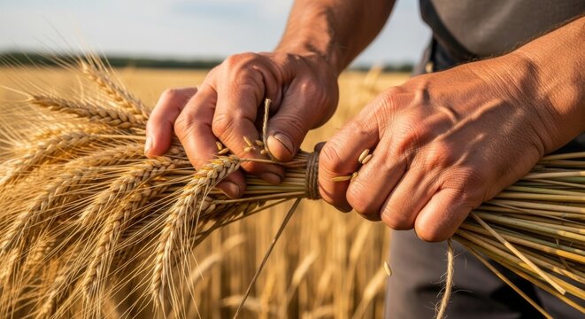 Hands holding wheat stalks in a golden field, harvesting season.