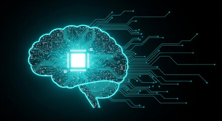 Abstract glowing turquoise brain made of circuit board elements on a dark background. Illustrates artificial intelligence, technology, and digital concepts.