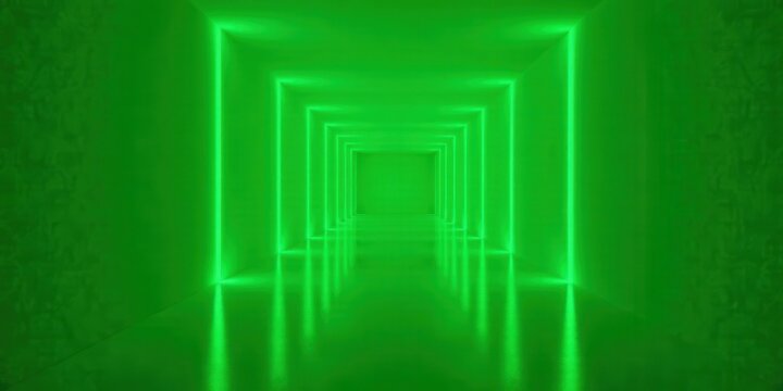 Abstract Green Neon Corridor  Illuminated Pathway of Bright Glowing Lines in a Modern Interior Space - Powered by Adobe