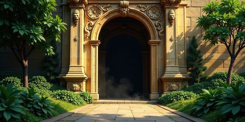 Fototapeta premium Mysterious Archway Entrance to a Sun-Drenched Garden with Lush Greenery and Ornate Stonework