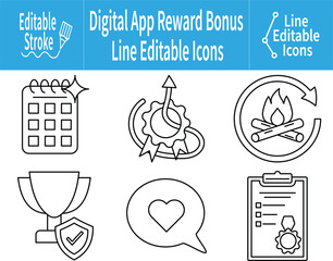 Reward Bonus Line Icons featuring daily login bonus, level up bonus, streak tracking, achievement rewards, engagement incentives, and completion milestones for digital app and user loyalty themes.