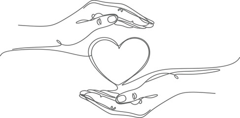 Two sets of hands gently cradle a heart in continuous line art