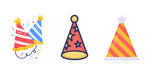 Obraz premium Colorful Birthday Cap and Party Hat Vector Set – Cute, Cartoon, Cone Hat Icons, Festive Celebration Cap Clipart in Flat, 3D, and Gradient Styles
