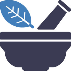 Blue leaf and pestle mortar icon for herbal medicine and natural remedies on transparent background