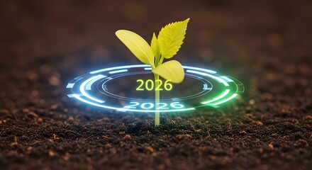 Hope for the Future: A sprout of vibrant green bursts forth from the soil, encircled by a futuristic halo that highlights the year 2026, symbolizing growth and development.