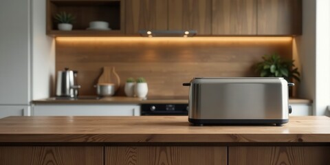 Fototapeta premium Modern Kitchen Countertop with Stainless Steel Toaster in a Warm Wood Setting