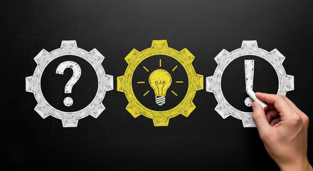 Hand drawing gears with question, idea lightbulb, and exclamation marks on a black chalkboard, symbolizing business concepts, problem-solving, and creative solutions.
