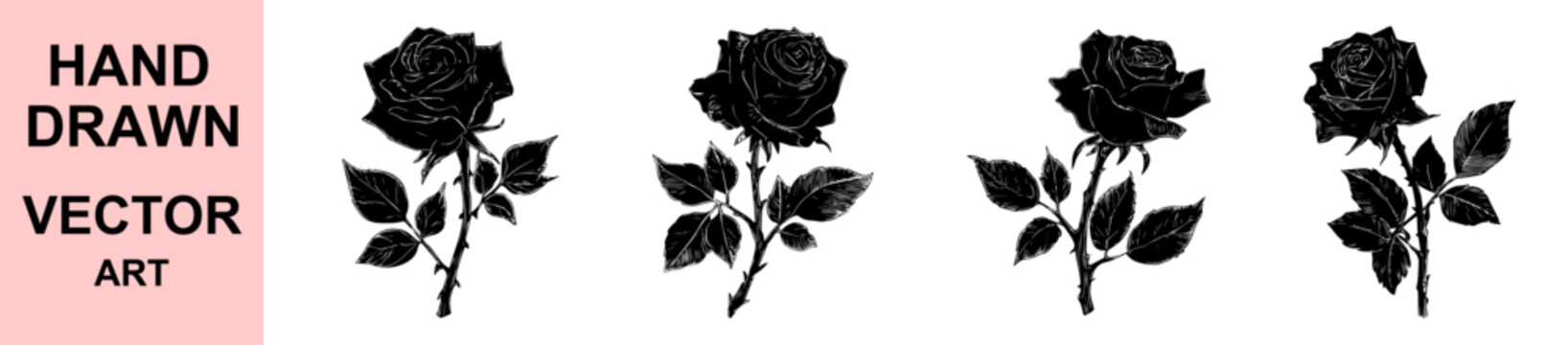 Hand drawn vintage rose silhouette floral illustration collection detailed botanical line art dark monochrome vector design perfect for branding packaging invitations stationery decorative elements pr