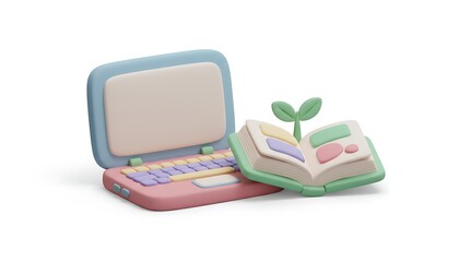 3D cartoon laptop with an open book beside it in soft pastel tones, rounded shapes, and smooth shadows, symbolizing online learning, digital study, and modern education.