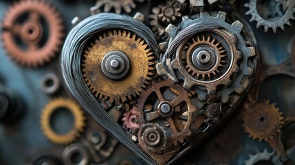 Metal springs and gears arranged into a clockwork heart, steampunk recycling, symbolic