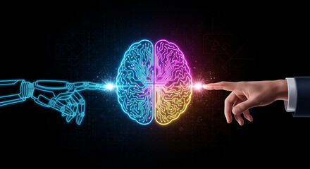 Conceptual image showing a cybernetic hand touching a human finger with a brain visualization, highlighting the fusion of AI and human intelligence on a dark backdrop.
