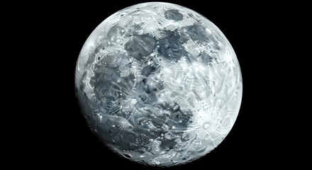 Obraz premium Highly detailed close up of a full moon showing craters and surface texture against a black background. The image captures the celestial satellite in striking detail.
