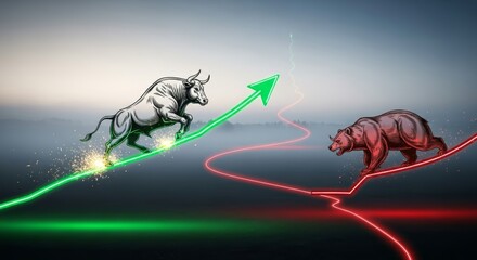 Dynamic bull and bear market illustration showcasing stock trading trends for financial analysis and investment opportunities in a vibrant, powerful design