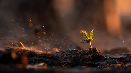 A young plant sprouts from the soil, symbolizing hope amidst the growing Climate Change Crisis Concept, with tiny sparks suggesting a delicate future and the need for nurturing growth