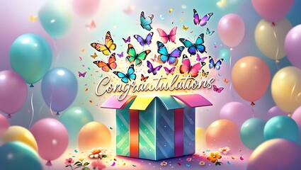 Celebrate Success A Burst of Butterflies and Balloons Erupting from a Gift Box Symbolizing Joyful Congratulations