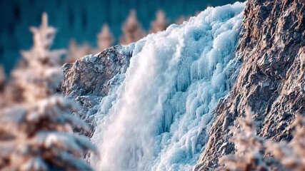 Frozen Cascade: An awe-inspiring display of nature's artistry, where a majestic waterfall is captured in a moment of icy immobility. A crystalline veil descends over rugged terrain.