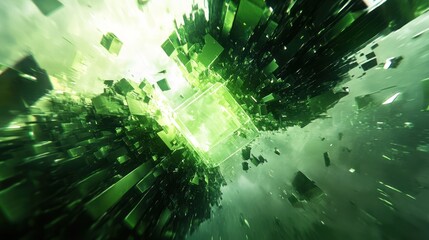 Obraz premium Abstract 3D green cubes, explosion, geometric shapes, digital art, futuristic, perspective, volumetric, background