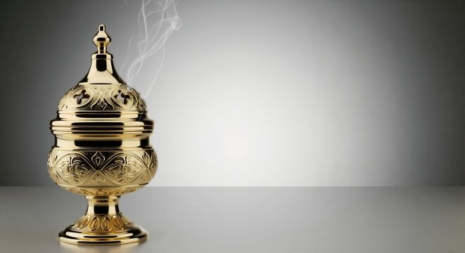 Arabic incense burner (mabkhara) &mdash; golden traditional design, smoke rising, bakhoor fragrance, studio image