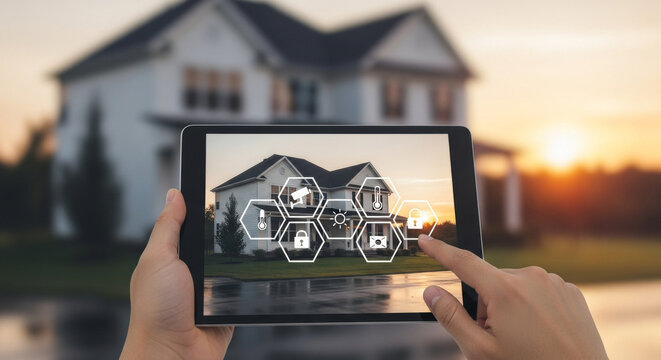 Hands holding a tablet displaying smart home icons, with a blurred house and sunset background. Focus on the tablet showcasing a modern home automation system.
