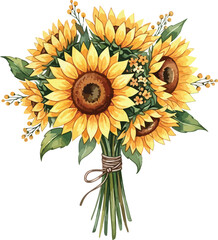 A watercolor painting of a bouquet of sunflowers tied with twine on a white background illustration
