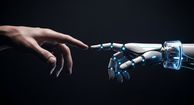 Conceptual image shows a human hand and robot hand almost touching representing future technology, artificial intelligence, digital transformation and futuristic connection on dark backdrop.
