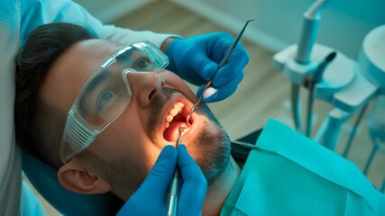 Modern dental clinic procedure shows dentist examining patient's teeth closely - Powered by Adobe