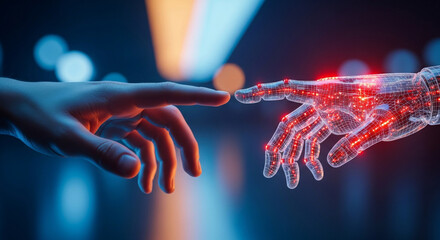 Conceptual image featuring a human hand reaching out to a digital hand, illuminated with bokeh lights in the background, symbolizing connection and technology.