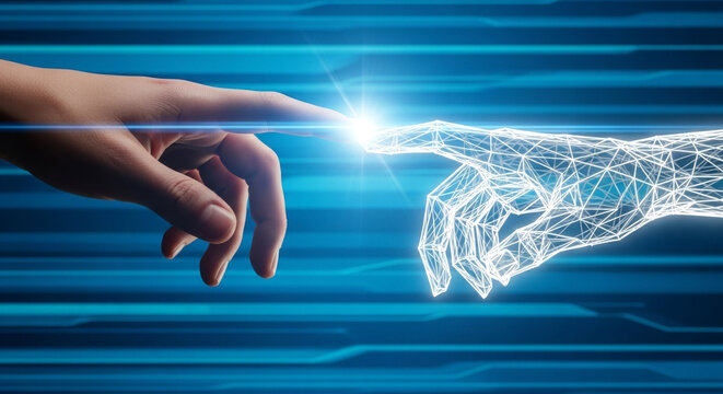 A human hand gently touches a digital robotic hand. Bright light emits from the point of contact. The background displays flowing blue streams of digital data, suggesting advanced future technology. - Powered by Adobe