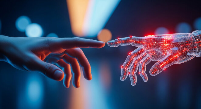 Conceptual image featuring a human hand reaching out to a digital hand, illuminated with bokeh lights in the background, symbolizing connection and technology.