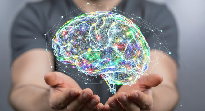 Human Hands Holding Colorful Brain Hologram on Gray Background with Neural Network Connection Points and Nodes Data Representation Conceptual Ideas
