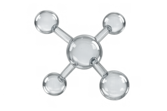 Glass molecule structure representing chemical formula and atomic bonds, illustrating science and research on transparent background