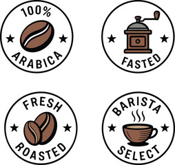 Four coffee themed circular badges with beans grinder and cup arabica fresh