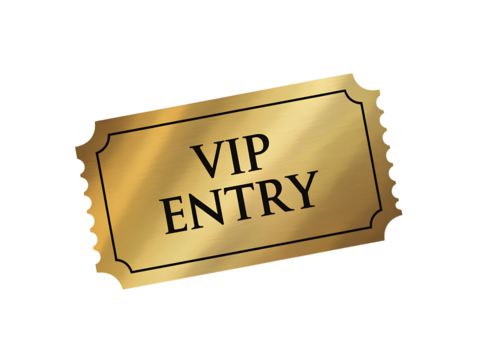 Golden vip entry ticket with ornate border isolated on transparent background